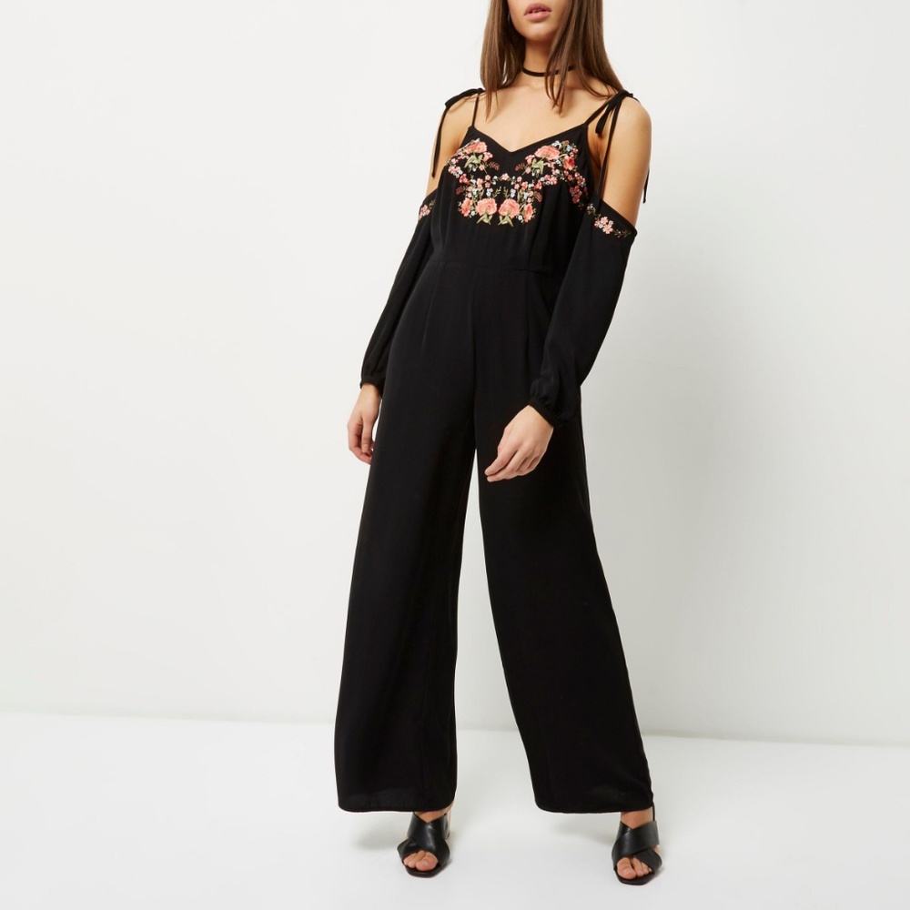 River Island Black Floral Cold Shoulder Jumpsuit